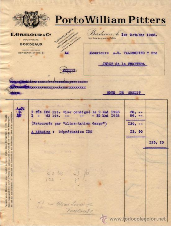 Facturas antiguas: NOTE DE CREDIT DE E. GRELOUD & C&ordm;. IMPORTATEURS. BORDEAUX 1928 - Foto 1