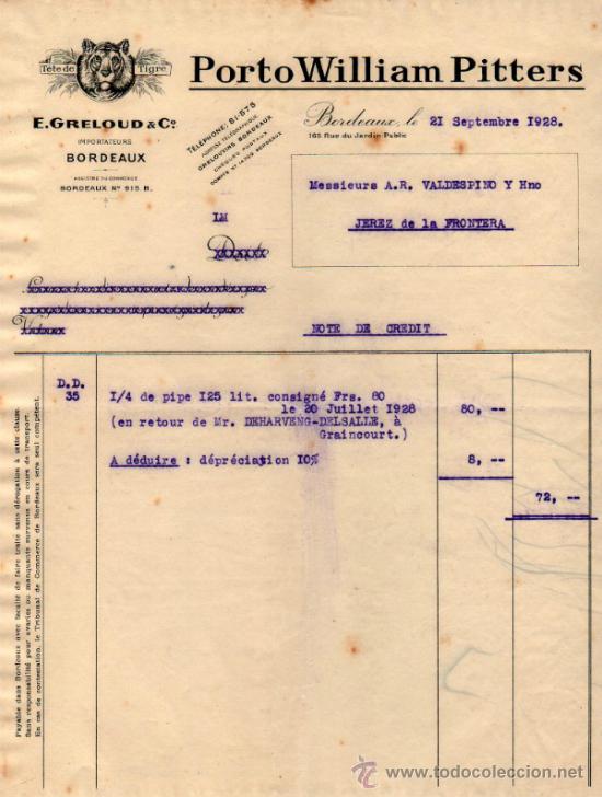 Facturas antiguas: NOTE DE CREDIT DE E. GRELOUD & C&ordm;. IMPORTATEURS. BORDEAUX 1928 - Foto 1