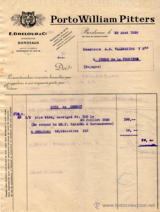 Facturas antiguas: NOTE DE CREDIT DE E. GRELOUD & C&ordm;. IMPORTATEURS. BORDEAUX 1928 - Foto 1