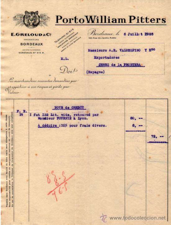Facturas antiguas: NOTE DE CREDIT DE E. GRELOUD & C&ordm;. IMPORTATEURS. BORDEAUX 1928 - Foto 1