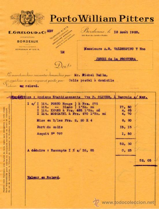 Facturas antiguas: FACTURA DE E. GRELOUD & C&ordm;. IMPORTATEURS. BORDEAUX 1928 - Foto 1