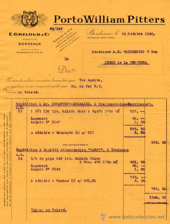 Facturas antiguas: FACTURA DE E. GRELOUD & C&ordm;. IMPORTATEURS. BORDEAUX 1928 - Foto 1