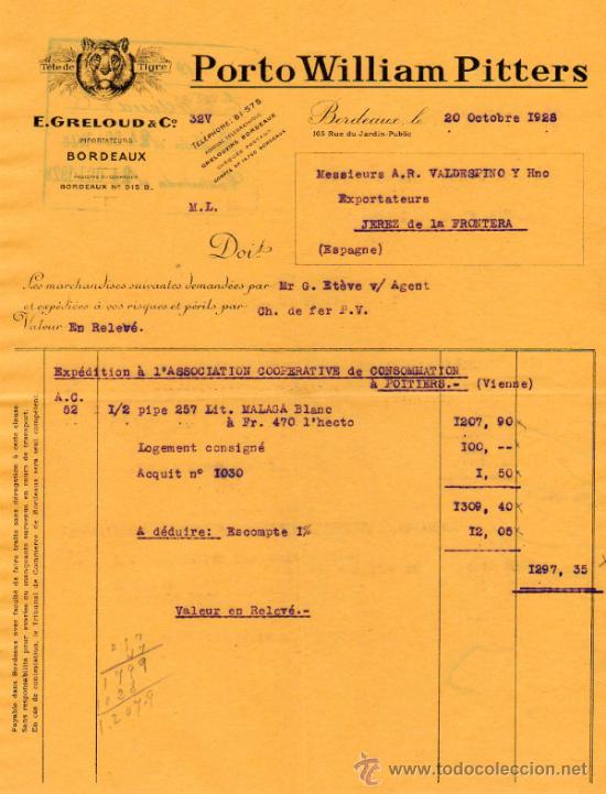 Facturas antiguas: FACTURA DE E. GRELOUD & C&ordm;. IMPORTATEURS. BORDEAUX 1928 - Foto 1