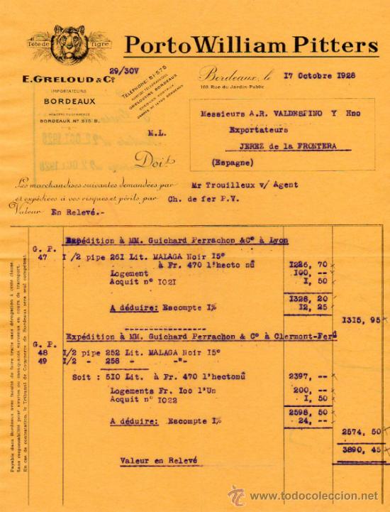 Facturas antiguas: FACTURA DE E. GRELOUD & C&ordm;. IMPORTATEURS. BORDEAUX 1928 - Foto 1