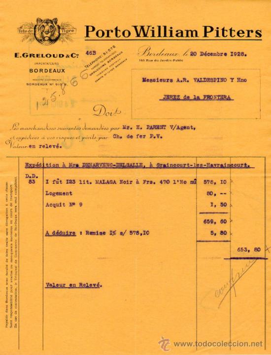 Facturas antiguas: FACTURA DE E. GRELOUD & C&ordm;. IMPORTATEURS. BORDEAUX 1928 - Foto 1