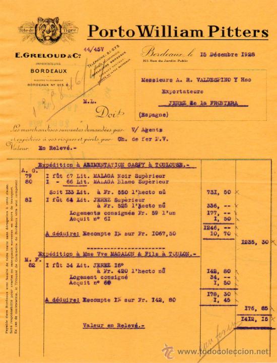 Facturas antiguas: FACTURA DE E. GRELOUD & C&ordm;. IMPORTATEURS. BORDEAUX 1928 - Foto 1