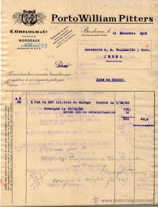 Facturas antiguas: NOTE DE CREDIT DE E. GRELOUD & C&ordm;. IMPORTATEURS . BORDEAUX 1928 - Foto 1