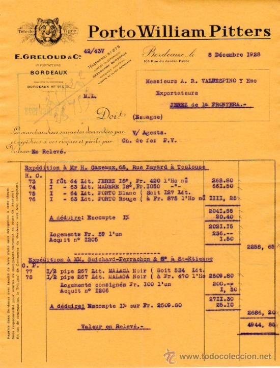 Facturas antiguas: FACTURA DE E. GRELOUD & C&ordm;. IMPORTATEURS. BORDEAUX 1928 - Foto 1