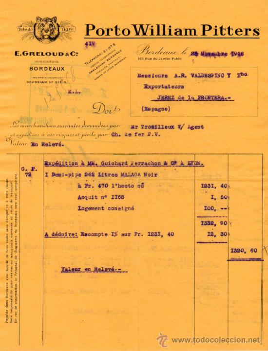 Facturas antiguas: FACTURA DE E. GRELOUD & C&ordm;. IMPORTATEURS. BORDEAUX 1928 - Foto 1
