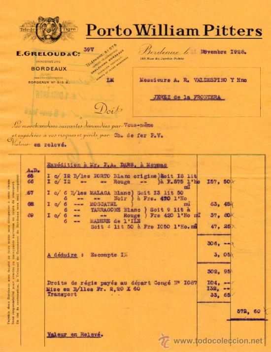 Facturas antiguas: FACTURA DE E. GRELOUD & C&ordm;. IMPORTATEURS. BORDEAUX 1928 - Foto 1