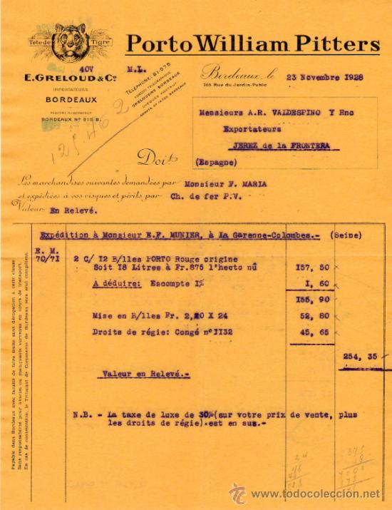 Facturas antiguas: FACTURA DE E. GRELOUD & C&ordm;. IMPORTATEURS. BORDEAUX 1928 - Foto 1