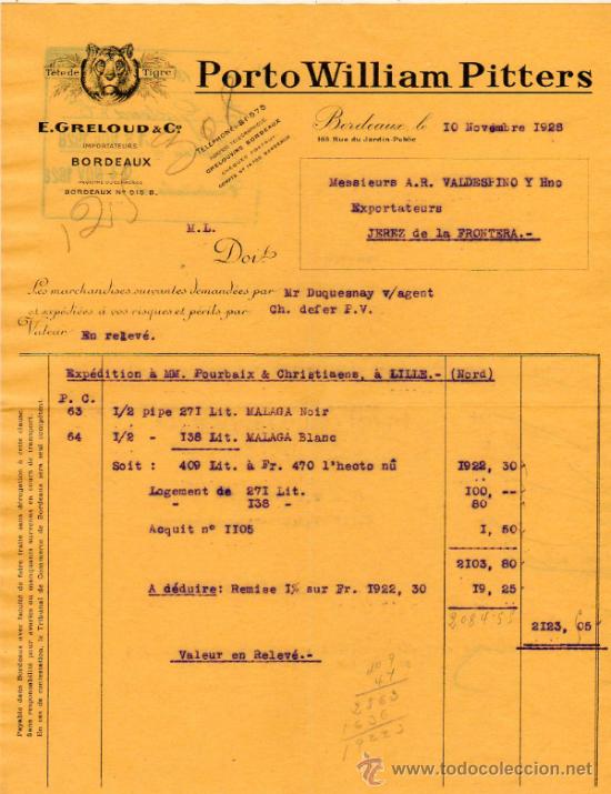 Facturas antiguas: FACTURA DE E. GRELOUD & C&ordm;. IMPORTATEURS. BORDEAUX 1928 - Foto 1