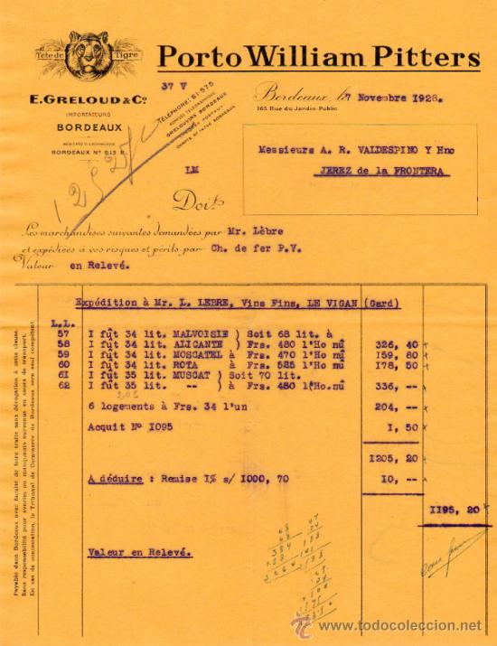 Facturas antiguas: FACTURA DE E. GRELOUD & C&ordm;. IMPORTATEURS. BORDEAUX 1928 - Foto 1