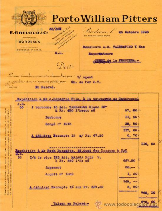 Facturas antiguas: FACTURA DE E. GRELOUD & C&ordm;. IMPORTATEURS. BORDEAUX 1928 - Foto 1