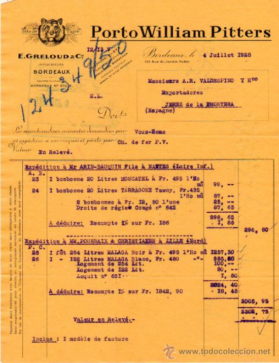 Facturas antiguas: FACTURA DE E. GRELOUD & C&ordm;. IMPORTATEURS. BORDEAUX 1928 - Foto 1
