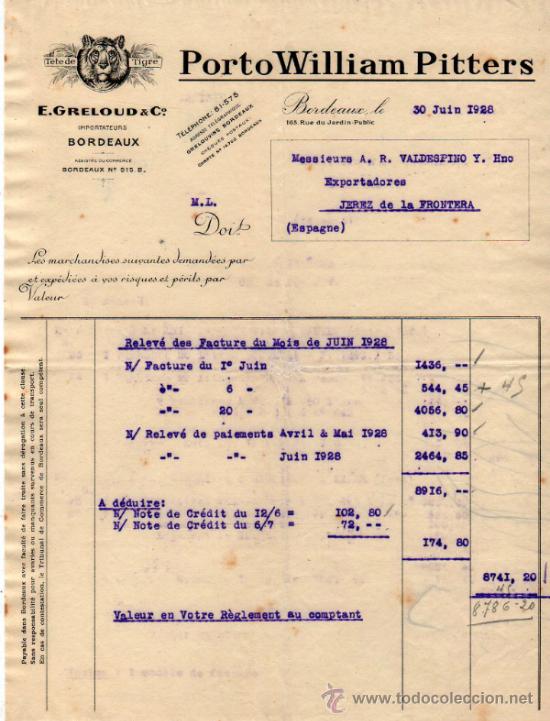 Facturas antiguas: FACTURA DE E. GRELOUD & C&ordm;. IMPORTATEURS. BORDEAUX 1928 - Foto 1