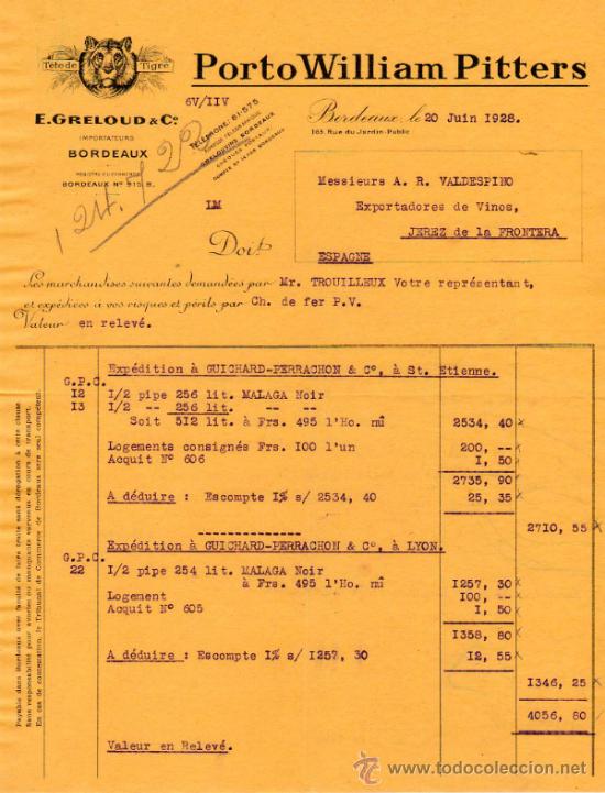 Facturas antiguas: FACTURA DE E. GRELOUD & C&ordm;. IMPORTATEURS. BORDEAUX 1928 - Foto 1