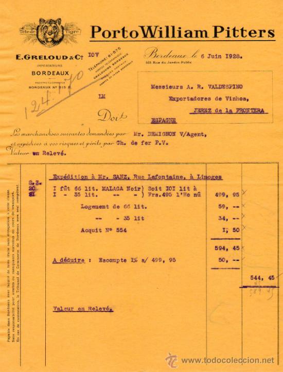 Facturas antiguas: FACTURA DE E. GRELOUD & C&ordm;. IMPORTATEURS. BORDEAUX 1928 - Foto 1