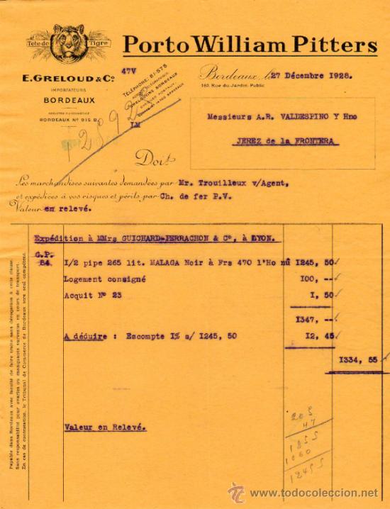 Facturas antiguas: FACTURA DE E. GRELOUD & C&ordm;. IMPORTATEURS. BORDEAUX 1928 - Foto 1