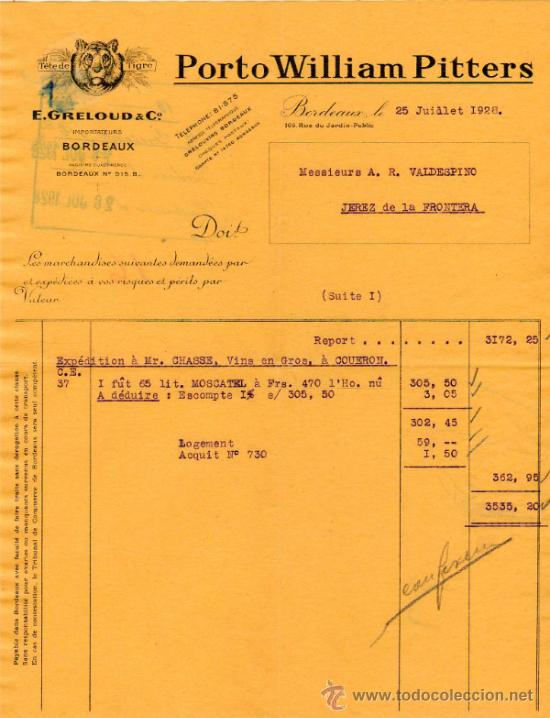 Facturas antiguas: FACTURA DE E. GRELOUD & C&ordm;. IMPORTATEURS. BORDEAUX 1928 - Foto 1