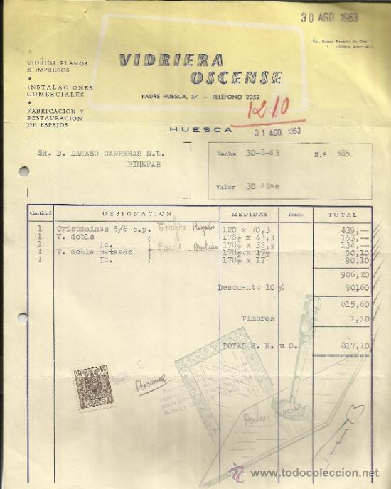 Facturas antiguas: FACTURA DE VIDRIERA OSCENSE. HUESCA. 1963 - Foto 1