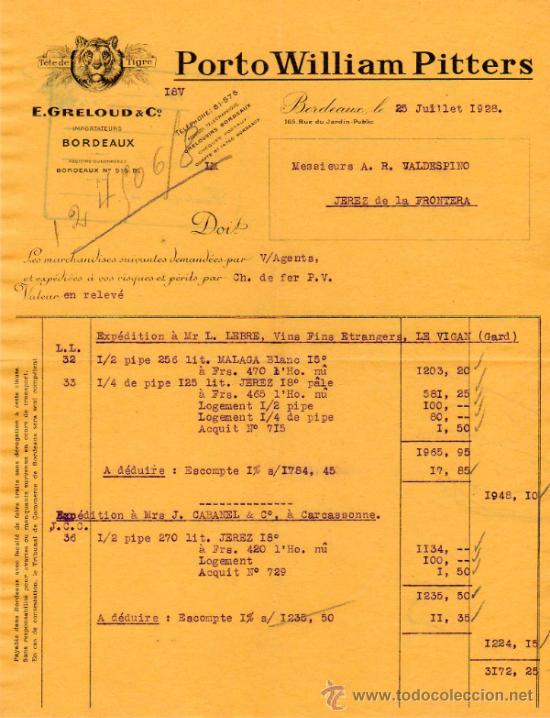 Facturas antiguas: FACTURA DE E. GRELOUD & C&ordm;. IMPORTATEURS. BORDEAUX 1928 - Foto 1