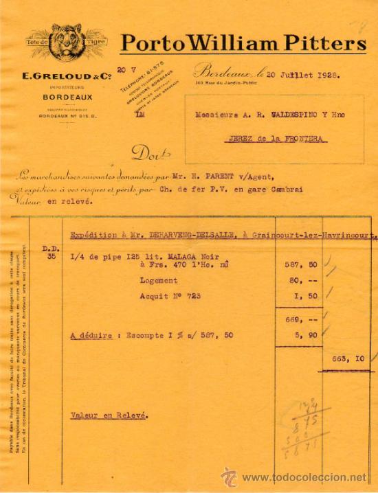 Facturas antiguas: FACTURA DE E. GRELOUD & C&ordm;. IMPORTATEURS. BORDEAUX 1928 - Foto 1
