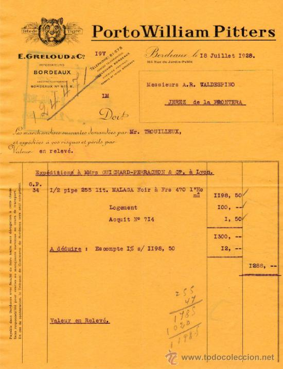 Facturas antiguas: FACTURA DE E. GRELOUD & C&ordm;. IMPORTATEURS. BORDEAUX 1928 - Foto 1