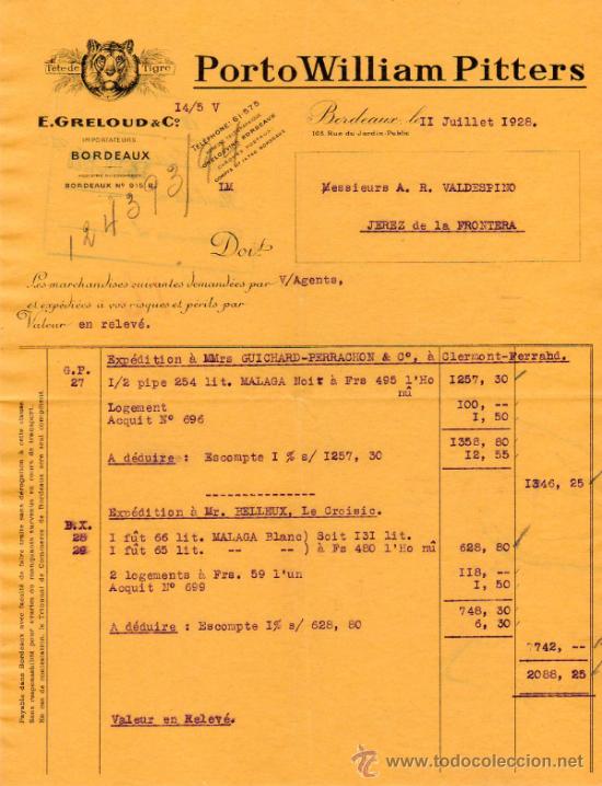 Facturas antiguas: FACTURA DE E. GRELOUD & C&ordm;. IMPORTATEURS. BORDEAUX 1928 - Foto 1