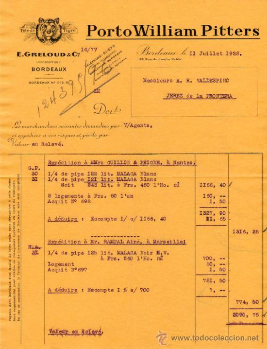 Facturas antiguas: FACTURA DE E. GRELOUD & C&ordm;. IMPORTATEURS. BORDEAUX 1928 - Foto 1