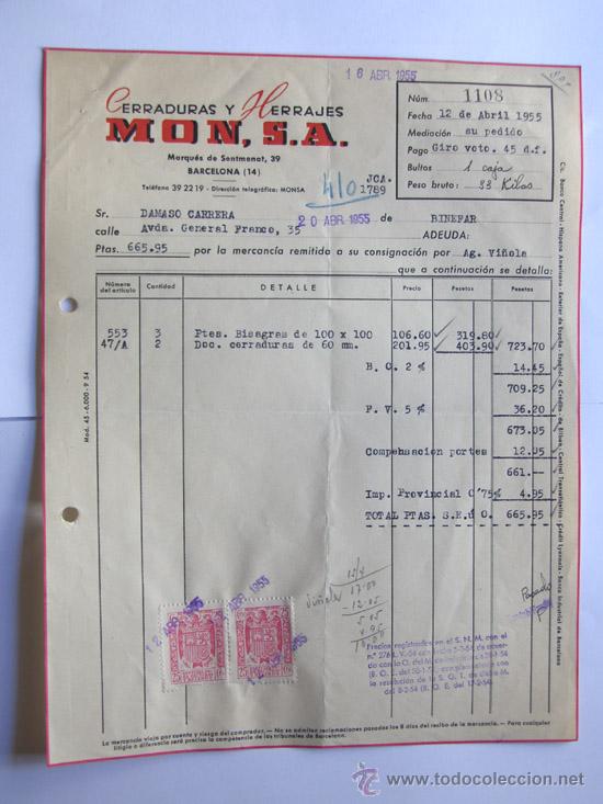 Facturas antiguas: FACTURA / CERRADURAS Y HERRAJES / MON, S.A. / BARCELONA 1955