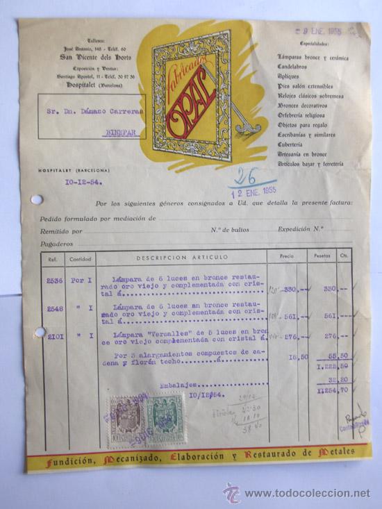 Facturas antiguas: FACTURA / LAMPARAS BRONCE Y CERAMICA / FABRICADOS OPAL / HOSPITALET 1955 / BARCELONA