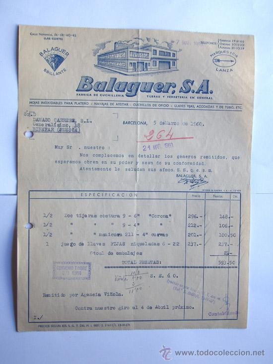 Facturas antiguas: FACTURA / CUCHILLERIA, TIJERAS Y FERRETERIA GENERAL / BALAGUER, S.A. / BARCELONA 1960