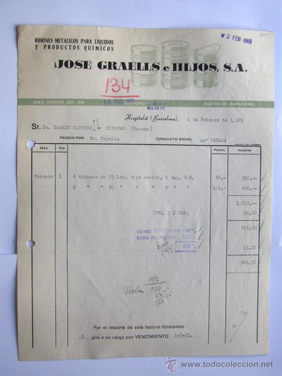 Facturas antiguas: FACTURA / BIDONES METALICOS PARA  PRODUCTOS QUIMICOS / JOSE GRAELLS E HIJOS / HOSPITALET 1965