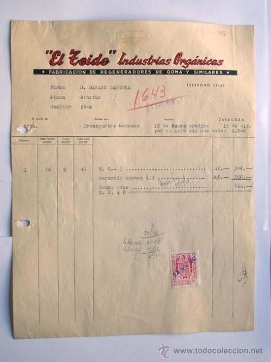 Facturas antiguas: FACTURA /  FABRICA DE REGENERADORES DE GOMA / EL TEIDE INDUSTRIAS ORGANICAS / ZARAGOZA 1960