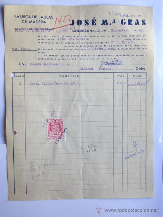 Facturas antiguas: FACTURA / FABRICA DE JAULAS DE MADERA / JOSE MARIA GRAS / BARCELONA 1959