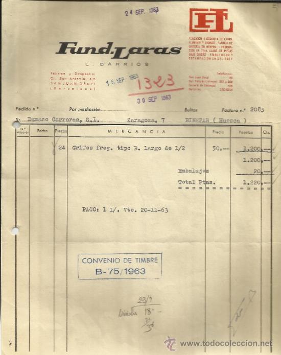 Alte Rechnungen: FACTURA DE FUND-LARAS. FUNDICI&Oacute;N DE LAT&Oacute;N, ALUMINIO Y BRONCE. BARCELONA. 1963