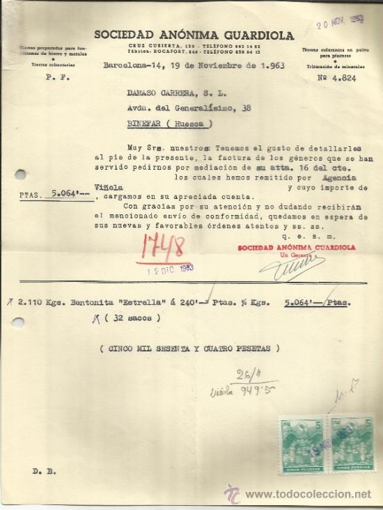 Alte Rechnungen: FACTURA DE SOCIEDAD AN&Oacute;NIMA GUARDIOLA. TIERRAS CUBIERTAS PARA FUNDICIONES Y METALES. BARCELONA. 1963