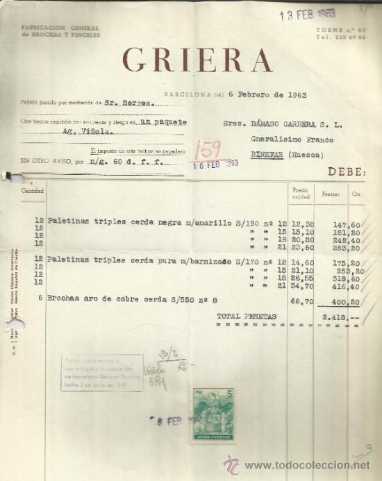 Alte Rechnungen: FACTURAS DE GRIEGA. FABRICACI&Oacute;N DE BROCHAS Y PINCELES. BARCELONA. 1963