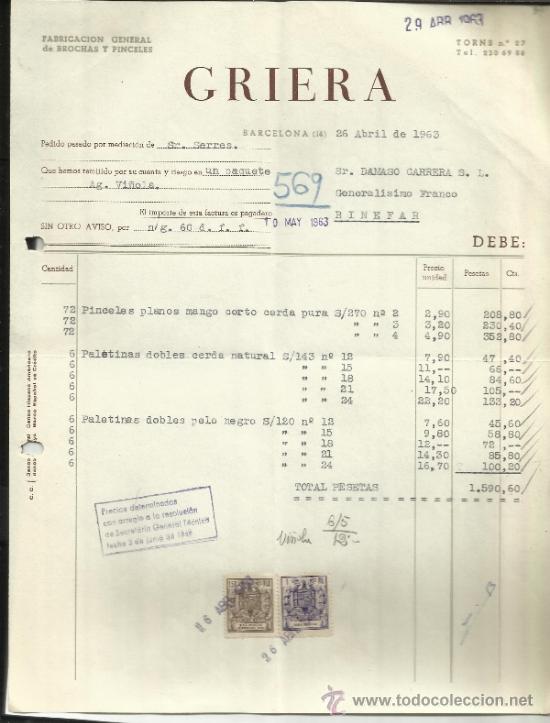 Alte Rechnungen: FACTURAS DE GRIEGA. FABRICACI&Oacute;N DE BROCHAS Y PINCELES. BARCELONA. 1963