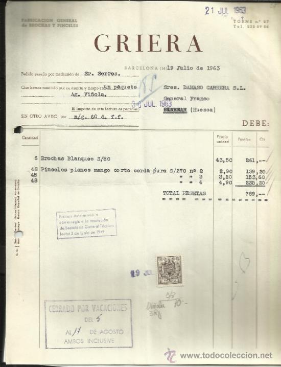 Alte Rechnungen: FACTURAS DE GRIEGA. FABRICACI&Oacute;N DE BROCHAS Y PINCELES. BARCELONA. 1963