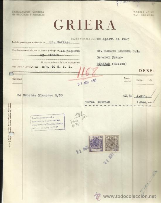 Alte Rechnungen: FACTURAS DE GRIEGA. FABRICACI&Oacute;N DE BROCHAS Y PINCELES. BARCELONA. 1963