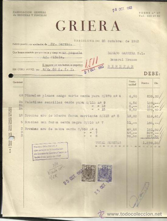Alte Rechnungen: FACTURAS DE GRIEGA. FABRICACI&Oacute;N DE BROCHAS Y PINCELES. BARCELONA. 1963