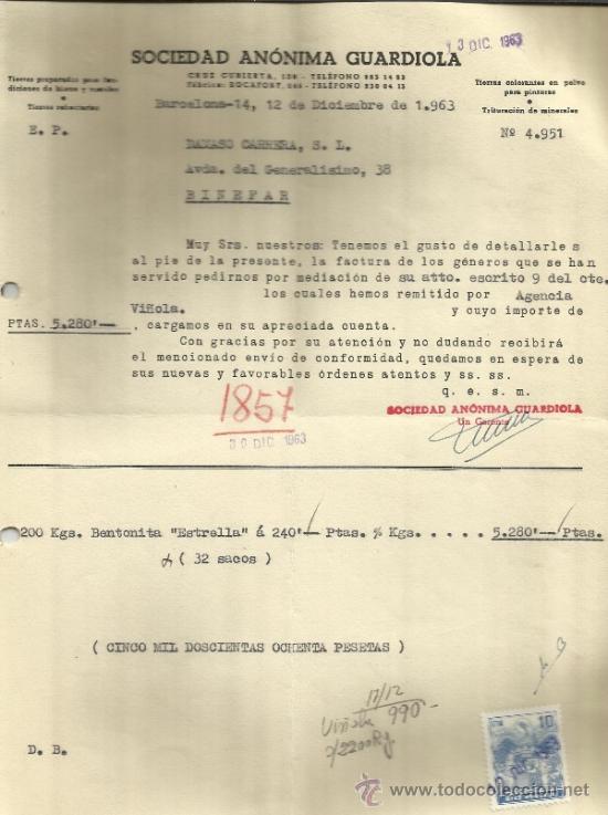 Alte Rechnungen: FACTURA DE SOCIEDAD AN&Oacute;NIMA GUARDIOLA. TIERRAS PARA FUNDICIONES DE HIERRO Y METALES. BARCELONA. 1963