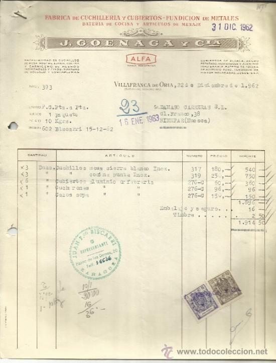 Alte Rechnungen: FACTURA DE J.GOENAGA Y COMPA&Ntilde;IA. F&Aacute;BRICA DE CUCHILLERIA. VILLAFRANCA DE ORIA. GUIPUZCOA. 1962