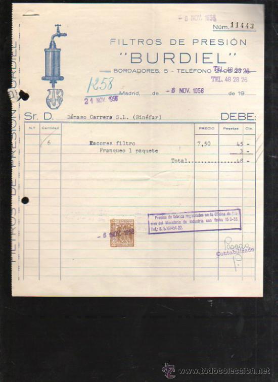 Old Invoices: FACTURA DE FILTROS DE PRESION BURDIEL. MADRID. 1956