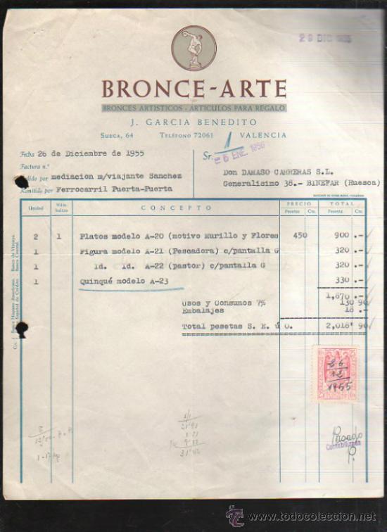 Old Invoices: FACTURA DE BRONCE-ARTE. J.GARCIA BENEDITO. BRONCES ARTISTICOS. VALENCIA. 1956