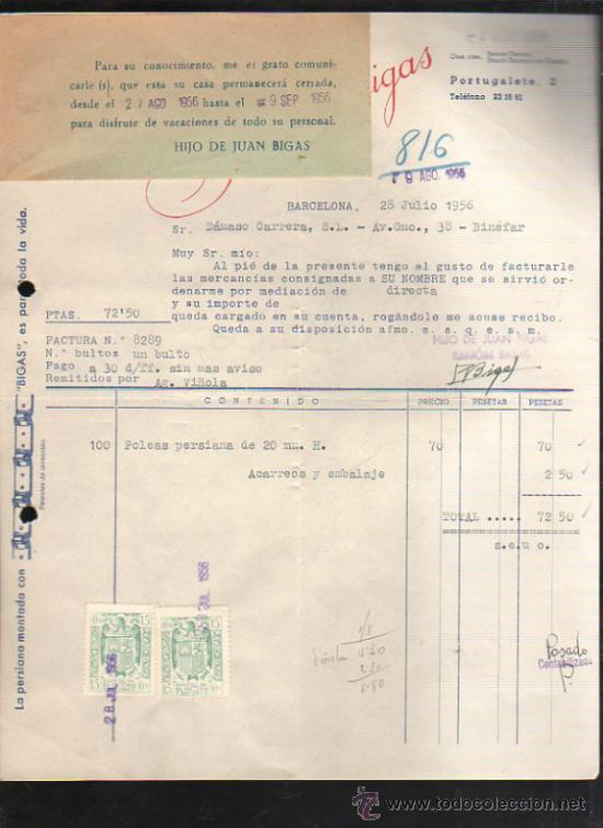 Old Invoices: FACTURA DE HIJO DE JUAN BIGAS. PERSIANAS. BARCELONA. 1956