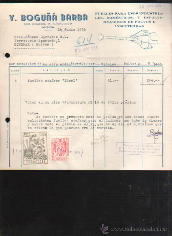 Old Invoices: FACTURA DE HIJO DE V.BOGU&Ntilde;A BARBA. FUELLES Y ESPOLVOREADORES. BARCELONA. 1956