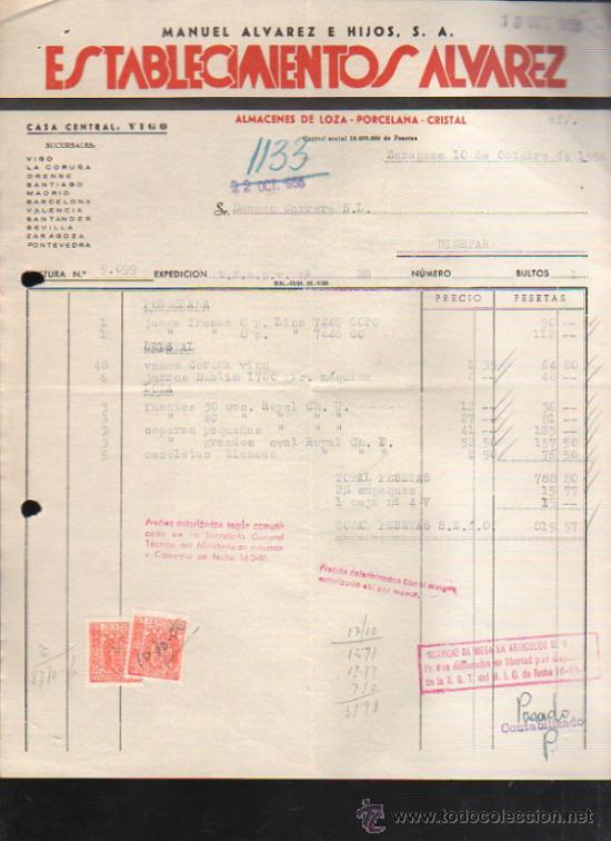 Old Invoices: FACTURA DE ESTABLECIMIENTOS ALVAREZ. MANUEL ALVAREZ E HIJOS, S.A. ALMACENES DE LOZA. ZARAGOZA. 1956